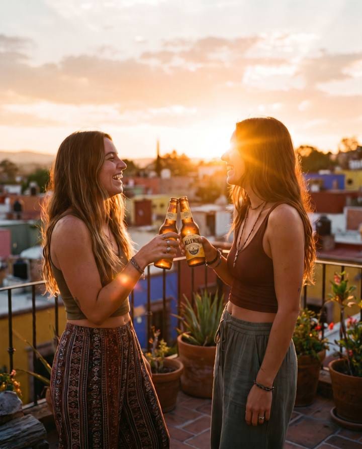 Brindis con Cerveza Allende al atardecer